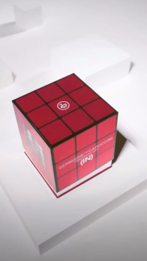 Red cube with geometric design