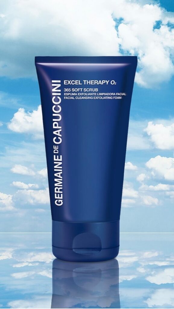 Facial scrub product with reflective surface.